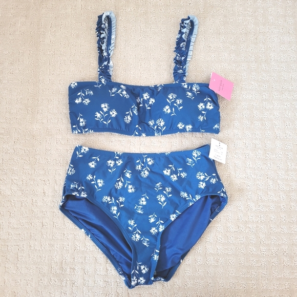 KATE SPADE Blue & White Floral Print Two-Piece Bikini Ruffle Strap Swimsuit - Picture 2 of 8